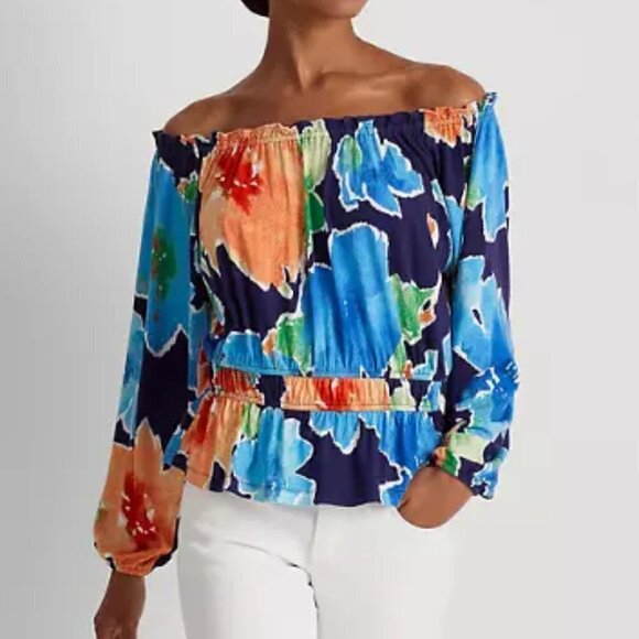 Ralph Lauren Floral Top Women's Size L Multicolor Ruffle Peplum Off the Shoulder - Picture 1 of 10
